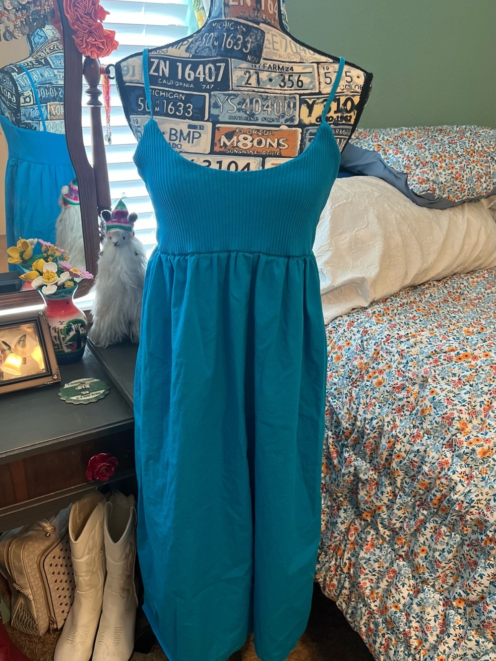 Zara Turquoise Blue Ribbed Bodice Midi Dress